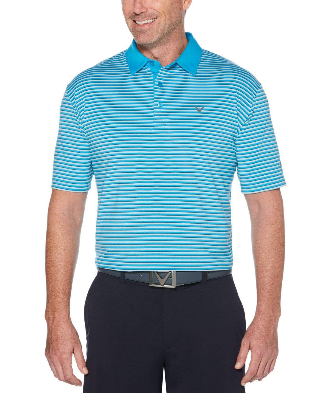 Mens Refined 3-Color Yarn-Dyed Stripe Golf Polo Polos Hawaiian Ocean / XL
