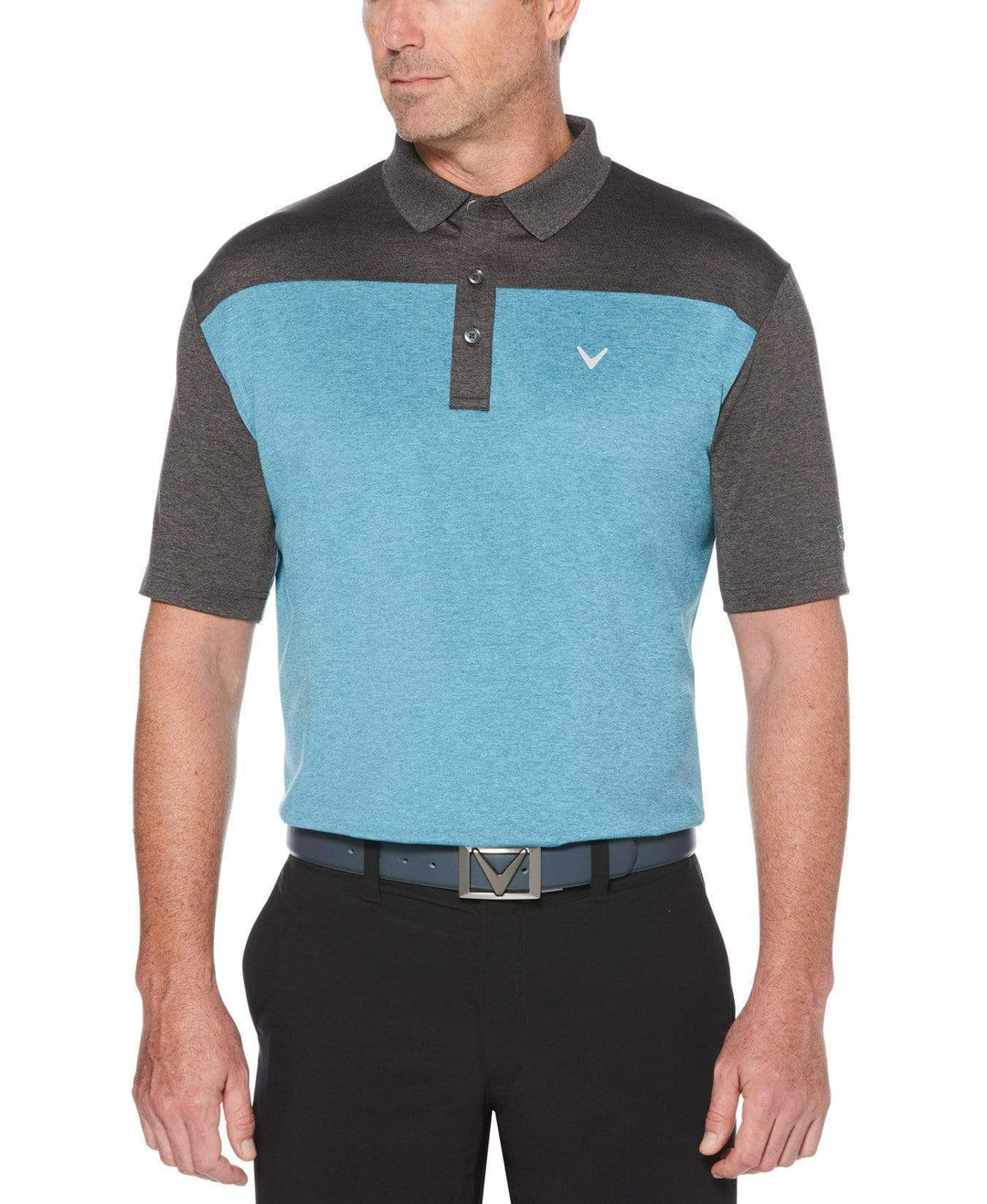 Mens Ventilated Heathered Color Block Polo with Chevron Polos Delphinium Blue Htr / XL